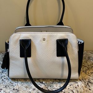 KATE SPADE White Pebbled Leather Purse- Black Handles & Zipper Pull Tassels